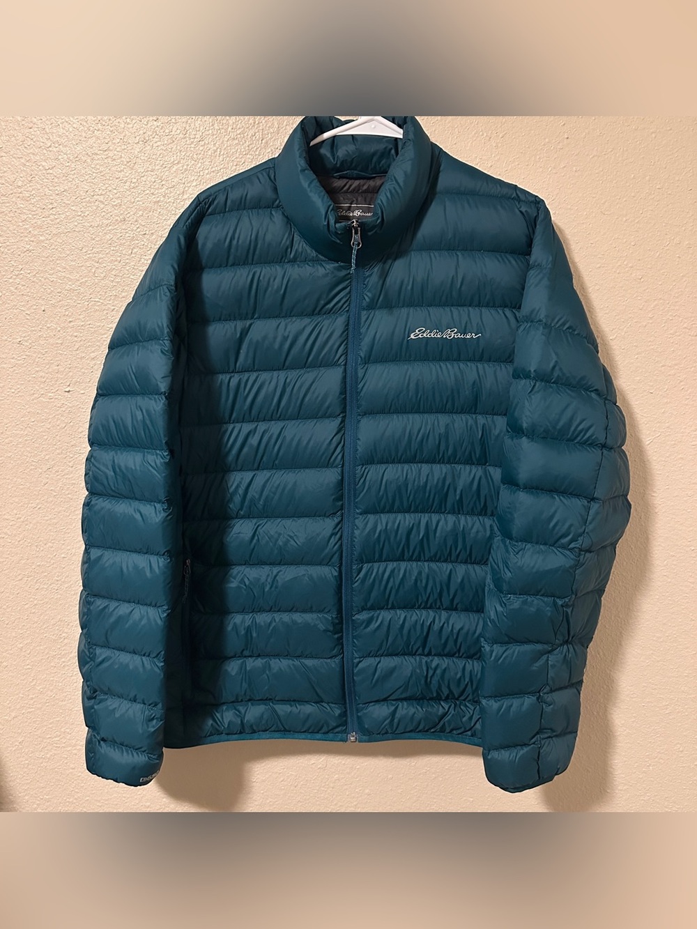 Eddie Bauer EB650 Men's Down Puffer Jacket Size L Teal Full Zip 80% Down